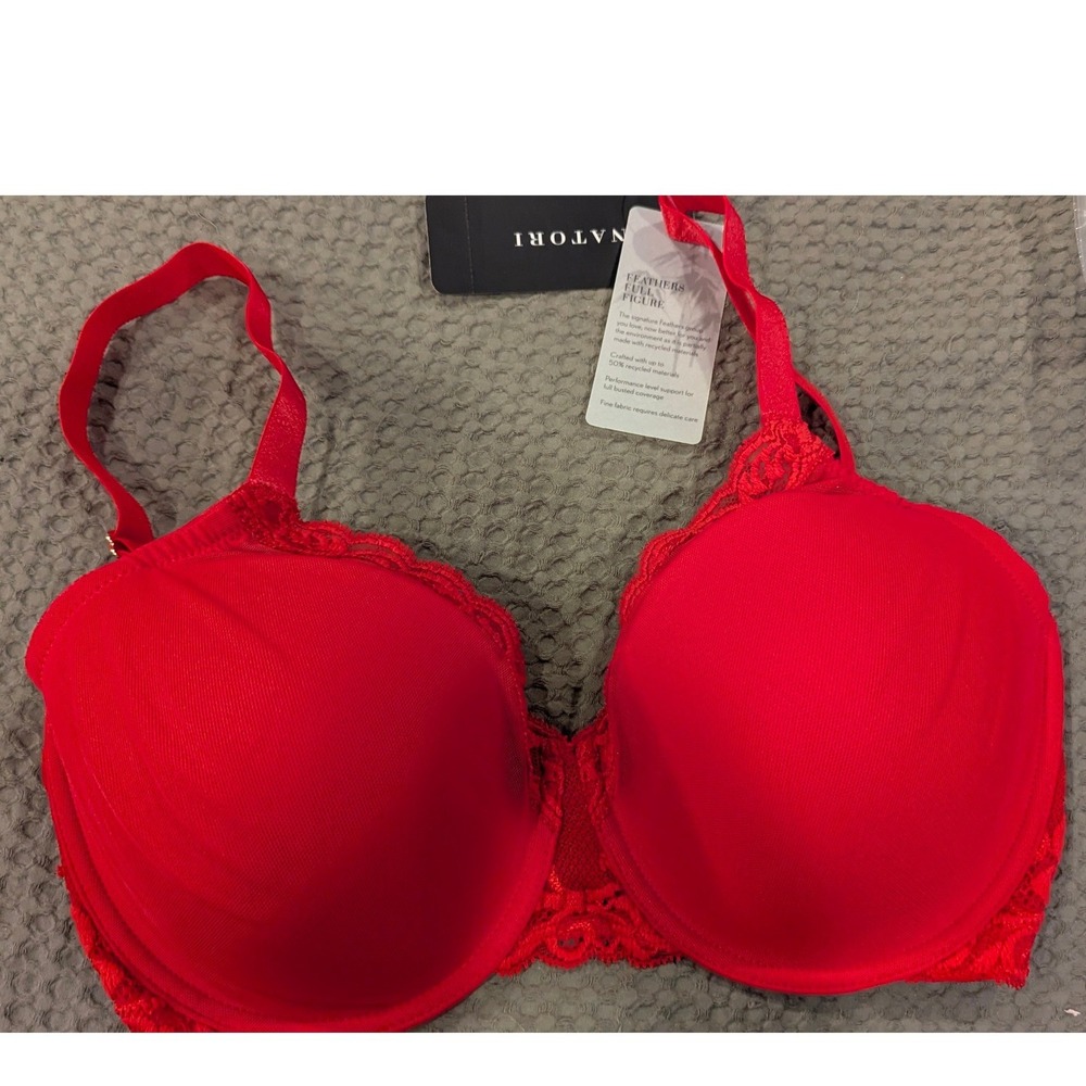 Natori Feathers Full Figure Bra 30G Bonfire Red Lace Trim Underwire Romantic NEW
